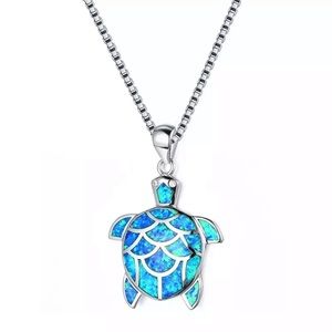 Sterling Silver Blue Opal Turtle Necklace